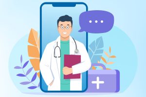 Online doctor consultation, diagnostics, advice or support of patient over the internet, video call on mobile phone. Flat design concept healthcare application for website. Medical health service.